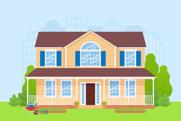 House exterior. Vector. Home facade. Townhouse front building with lawn, tree, bush, cityscape. Modern residential cottage. Apartment with door, roof, porch, window flat design. Cartoon illustration.