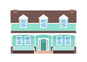 House exterior. Vector. Home facade. Front view building with door, roof and windows in flat design. Modern residential cottage. Townhouse apartment isolated on white background. Cartoon illustration.