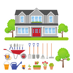 House exterior, garden tools set. Vector. Modern residential cottage with lawn, trees. Home gardening facade. Front view building in flat design. Townhouse apartment. Cartoon background illustration.