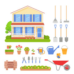 Garden tools set, house exterior. Vector. Front residential cottage with lawn, tree, bush. Home gardening facade. Building in flat design. Modern townhouse apartment. Cartoon background illustration