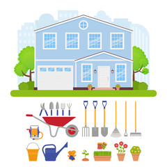 Garden tools set, house exterior. Vector. Residential cottage with lawn, tree, bush. Home gardening facade. Front view building. Modern townhouse flat design. Cityscape background Cartoon illustration