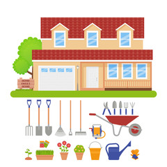 House exterior, garden tools. Vector. Residential cottage with lawn, tree, grass. Gardening set. Front view building facade. Modern townhouse, flat design. Sweet home background. Cartoon illustration