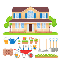 House exterior, garden tools. Vector. Gardening set. Residential cottage with lawn, tree, grass. Front view building facade. Modern townhouse, flat design. Sweet home background. Cartoon illustration