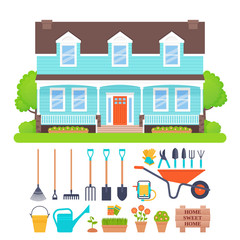 Suburb house exterior, garden tools. Vector. Gardening set. Residential cottage with lawn, tree, bush. Sweet home background. Front view building facade. Townhouse in flat design. Cartoon illustration