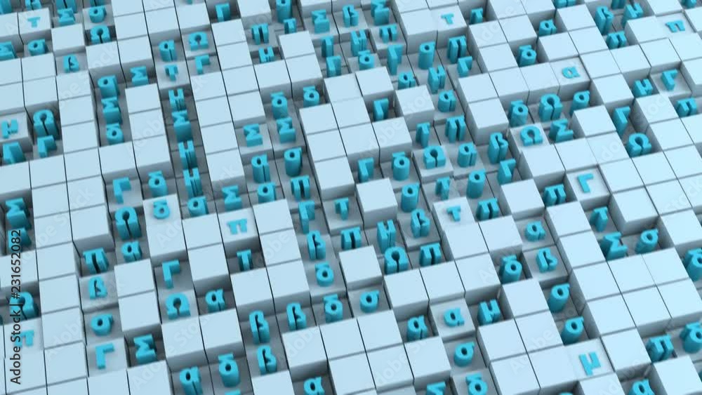 Poster blue symbols of greek alphabet and cubes. seamless loop 3d render animation