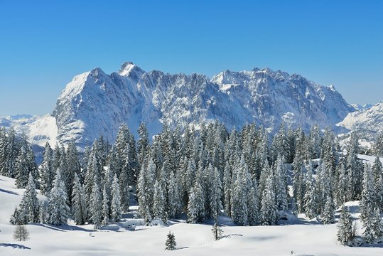 View from Fellhorn to Wilder Kaiser in winter, Reit im Winkl, Bavaria, Germany