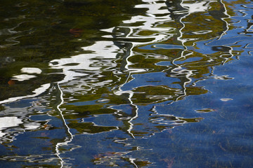 beautiful reflections on the water surface of a lake, abstract background with copy space