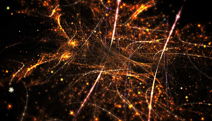 Beautiful gold background of glowing particles and lines with depth of field and bokeh. 3d illustration, 3d render