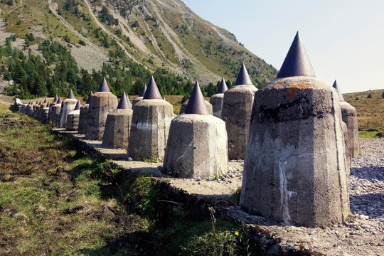 Tank barrier, defence system Plamort, World War II, to protect Italy from Nazi Germany, near Biotop Plamorter moss, raised bog, at Reschenpass, Vinschgau, South Tyrol, Italy, Europe