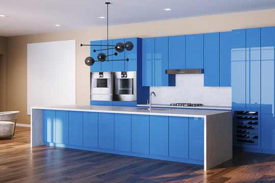 New kitchen interior with wooden floor and blue color cabinets 3d render