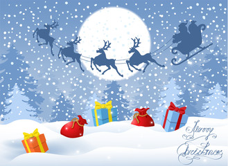 Christmas card with gift boxes against winter forest background and Santa Claus in sleigh with reindeer team flying in the sky