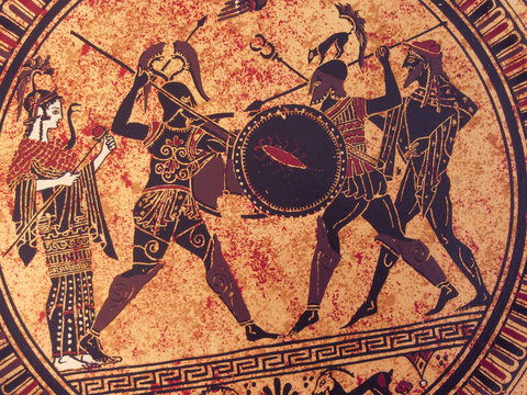 Detail From An Old Historical Greek Paint. Mythical Heroes And Gods Fighting On It