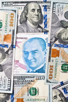 Close-up Turkish One Hundred Lira and US One Hundred Dollars banknote.