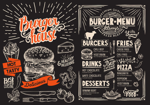 Burger restaurant menu on blackboard. Vector food flyer for bar and cafe. Design template with vintage hand-drawn illustrations.