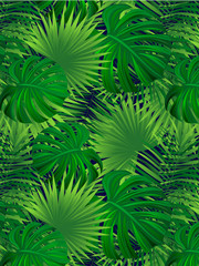 Naklejka na ściany i meble tropical forest vector illustration. Tropic background. Jungle seamless texture. Verticalal border frame. beautiful tropic leaves, plants. Summer, travelling, vacation design. Bright colors.