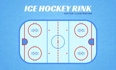 Ice hockey rink vector illustration. Winter sports design. Flat style. Ice texture. Hockey field on a blue background with markup