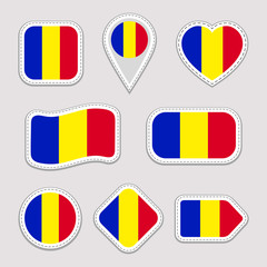 Fototapeta premium Romania flag stickers set. Romanian national symbols badges. Isolated geometric icons. Vector official flags collection. Sport pages, patriotic, travel, school, design elements. Different shapes.