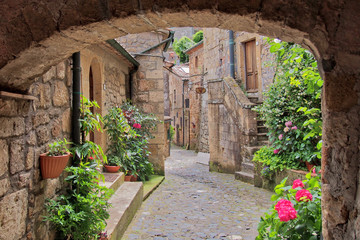 Romantic view to the pittoresque street in Sorano, Tuscany