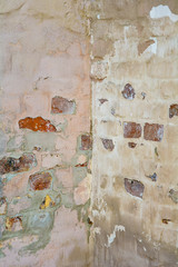 7131482 Empty Old Painted Brick Stucco Wall Texture With Damaged Plaster as Copy Space
