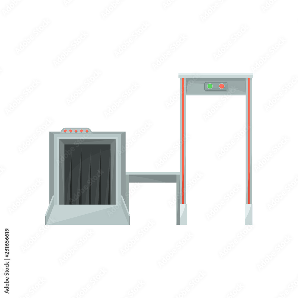 Poster x-ray machine for monitoring baggage and metal detector gate for checking passengers. airport securi