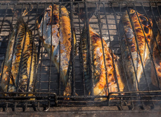 Grilled fish. Cooking fish on the barbecue grid.