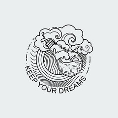 7291812 Vintage illustration of thin line magic bulb with ocean