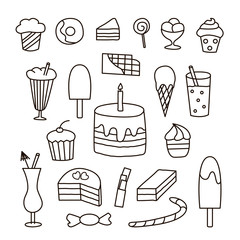 Set with hand drawn sweets in doodle style. Suitable for icons, templates, cafe and coffee shop menu.