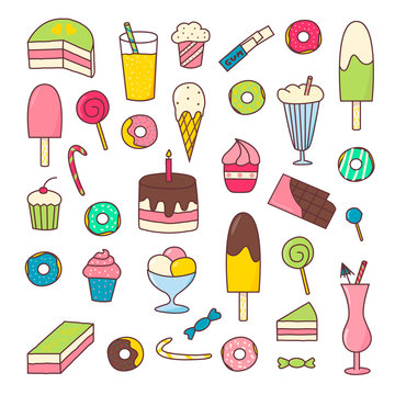 Set with hand drawn colorful sweets in doodle style. Suitable for icons, templates, cafe and coffee shop menu.