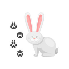 Cute little bunny and his footprints tracks. Mammal animal with long ears. Zoo theme. Flat vector element for children book