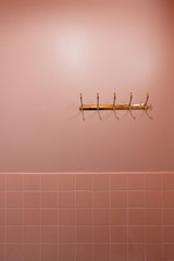 Composition of cozy pink painted wall and pink square tile with polished gold hanger / Interior...