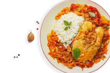 fish with tomato sauce, aroma spices and white rice, isolated on white