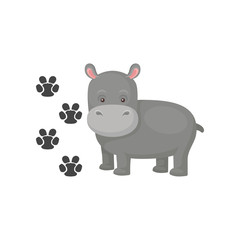 Funny gray hippopotamus and his footprints. Cartoon character of wild animal. Flat vector element for book or children room decor