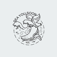 7291838 Huge Whale with sun ocean. Nature exploration poster or label. Modern flat linear vector illustration