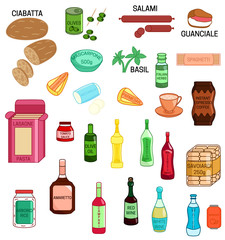 Set of different italian food and drinks colored illustration icons