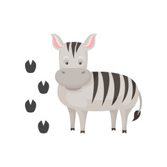 Cute zebra and her footprints. Cartoon character of wild African animal with black-and-white stripes. Zoo theme