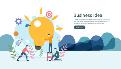 teamwork business brainstorming Idea concept with big yellow light bulb lamp, tiny people character. creative innovation solution. template for web landing page, banner, presentation, social media