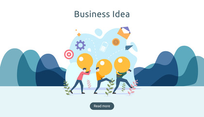 teamwork business brainstorming Idea concept with big yellow light bulb lamp, tiny people character. creative innovation solution. template for web landing page, banner, presentation, social media