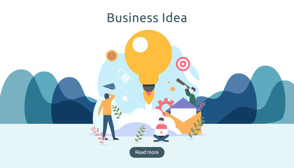 teamwork business brainstorming Idea concept with big yellow light bulb lamp, tiny people character. creative innovation solution. template for web landing page, banner, presentation, social media