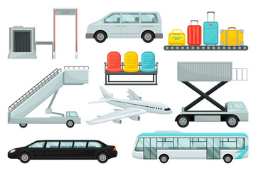 Flat vector set of airport elements. Transport, boarding stairs, carousel with suitcases, chairs, airplane and security system