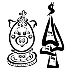 Funny girl pig standing on a coin next to a tree of bills