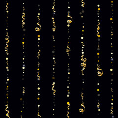 Golden serpentine and confetti on a black background Bright design wallpaper, background, cover, printing, packaging