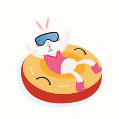 Hand drawn vector illustration of a cute funny bunny snow tubing outdoors in winter. Isolated objects on white background. Scandinavian style flat design. Concept for children print.