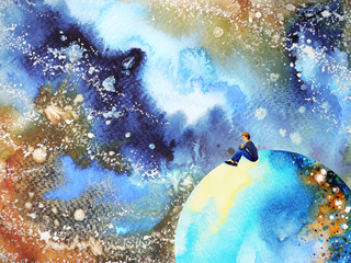 Obraz na płótnie Canvas human and spirit powerful energy connect mind universe power abstract art watercolor painting illustration design hand drawing