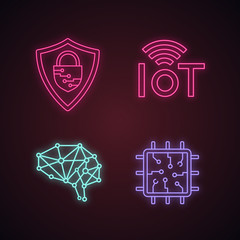Artificial intelligence neon light icons set