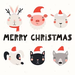 Sierkussen Set with cute animals in Santa Claus hats, typography. Isolated objects on white background. Hand drawn vector illustration. Scandinavian style flat design. Concept for Christmas, children print. © Maria Skrigan