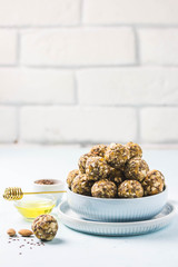 Apricot almond cashew energy balls. Selective focus, space for text.