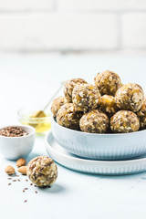 Apricot almond cashew energy balls. Selective focus, space for text.
