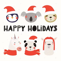 Sierkussen Set with cute animals in Santa Claus hats, typography. Isolated objects on white background. Hand drawn vector illustration. Scandinavian style flat design. Concept for Christmas, children print. © Maria Skrigan