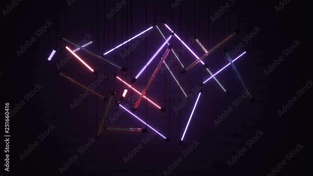 Poster chandelier of colorful neon light bulbs. seamless loop 3d render animation