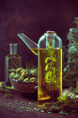 A bottle olive oil fruits branches herbs